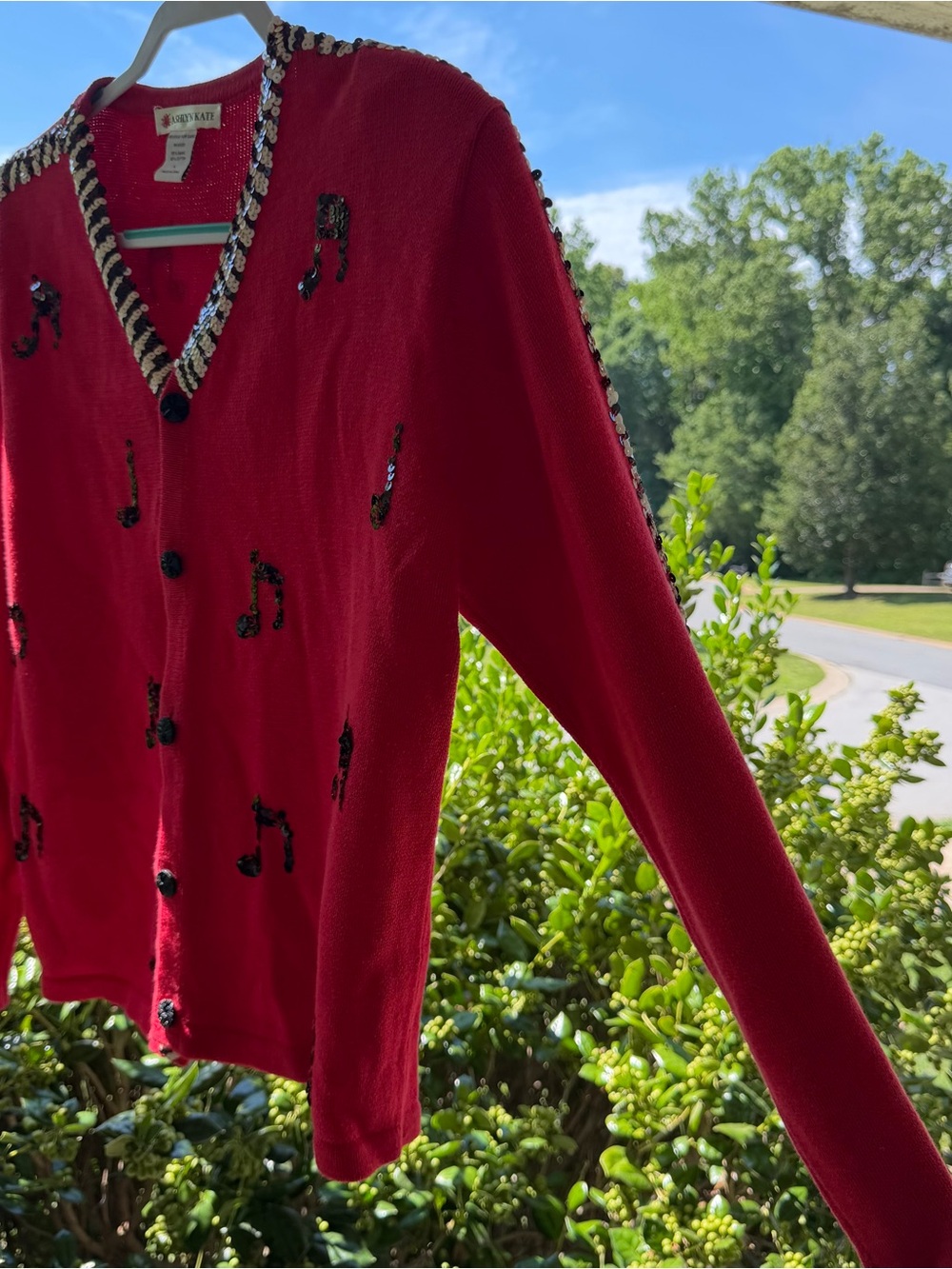 Ashlyn Kate Red Musical Note Sequin Cardigan Sweater Large Music Teacher